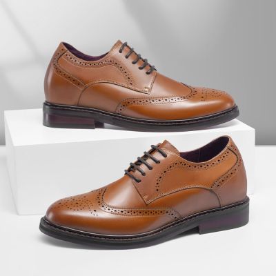 Buty podwyższające męskie - szpilki dla mężczyzn - brązowa patyna skórzane derby brogues 6 CM