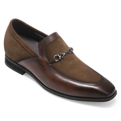 Loafers męskie podwyższające - półbuty męskie - brązowe zamszowe buty podwyższające 6CM