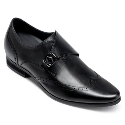 Eleganckie buty męskie podwyższające - wkładki podwyższające do butów - czarne buty monk z paskiem 7 CM