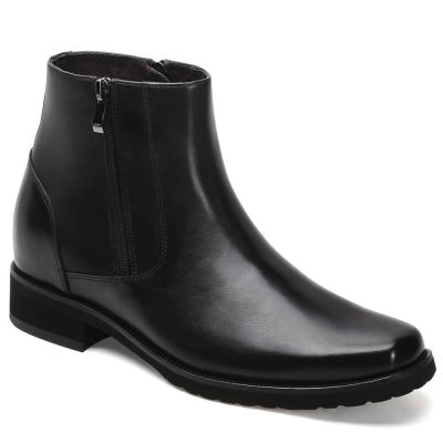 Eleganckie buty podwyższające męskie - Boczny zamek błyskawiczny - Czarne skórzane buty męskie - Podwyższenie 8cm