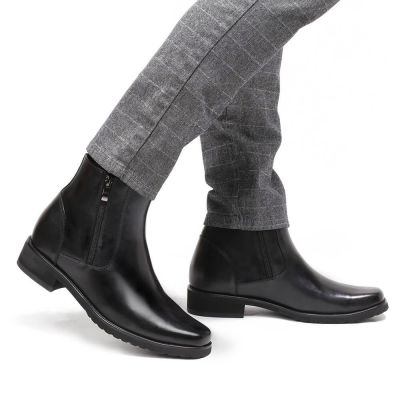 Eleganckie buty podwyższające męskie - Boczny zamek błyskawiczny - Czarne skórzane buty męskie - Podwyższenie 8cm