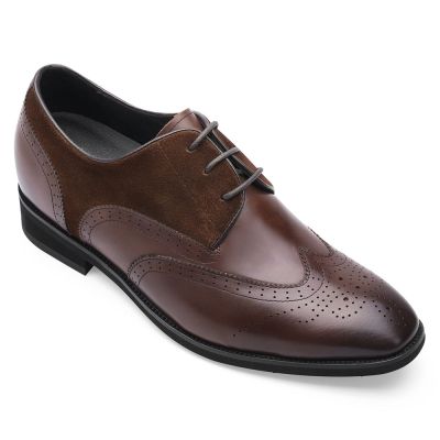 Buty podwyższające dla mężczyzn - buty podwyższające - brązowe skórzane biznesowe buty derby 7CM