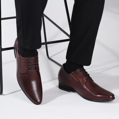 Buty Podwyższające Męskie Warszawa - Modne i Eleganckie Buty Podwyższające - Kasztanowy Derby Buty Męskie Do Garnituru Podwyższające 8 CM 