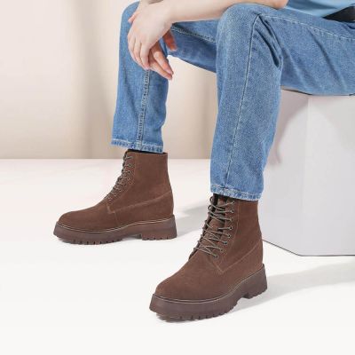 Buty meskie wysokie - obuwie dla niskich mężczyzn - Brązowe Kozaki Ze Skóry Zamszowej 11 CM