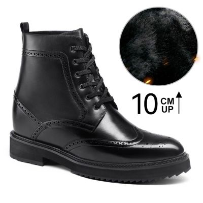 Buty podwyższające dla mężczyzn - Czarne buty typu brogue z podszewką futrzaną 10 CM