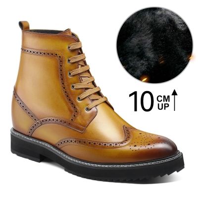 Buty podwyższające męskie - Brązowe buty podwyższające z ciepłą podszewką futrzaną Brogue 10 CM